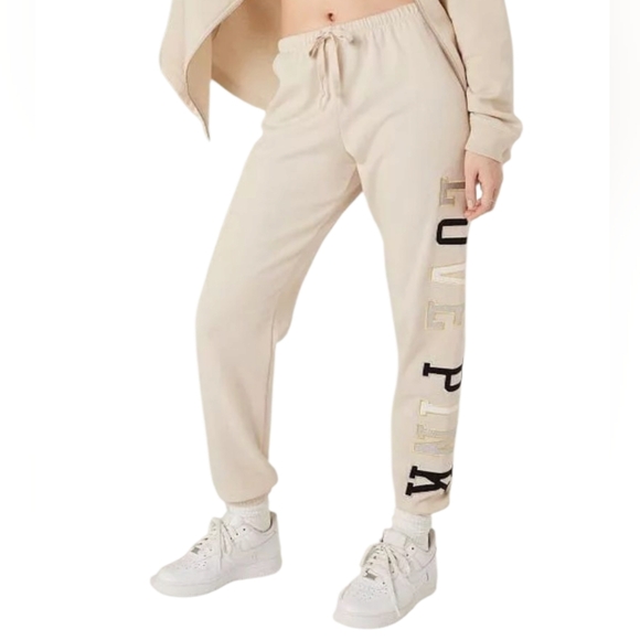 PINK Victoria's Secret Pants - PINK Victoria's Secret Bling Beige " Love Pink" Classic Joggers Size S